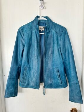 NWOT Scully Light Blue Leather Zip Up Jacket Size S